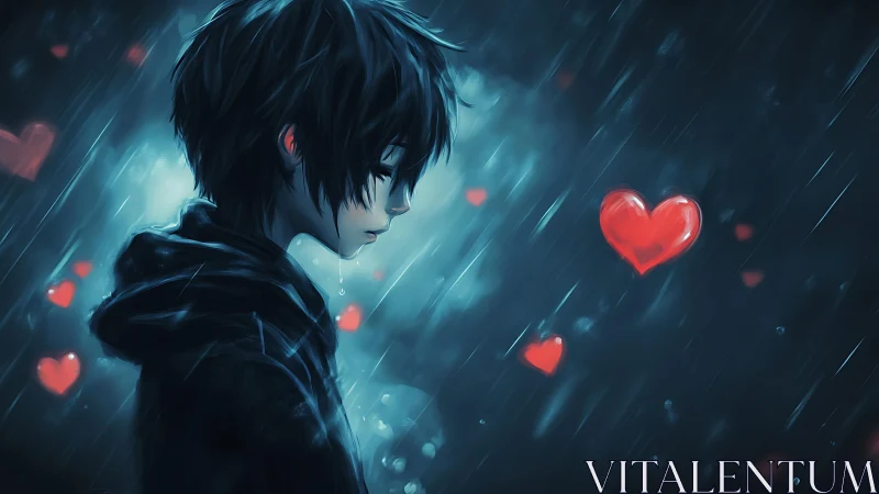 Melancholic anime boy in rain with glowing red hearts drifting