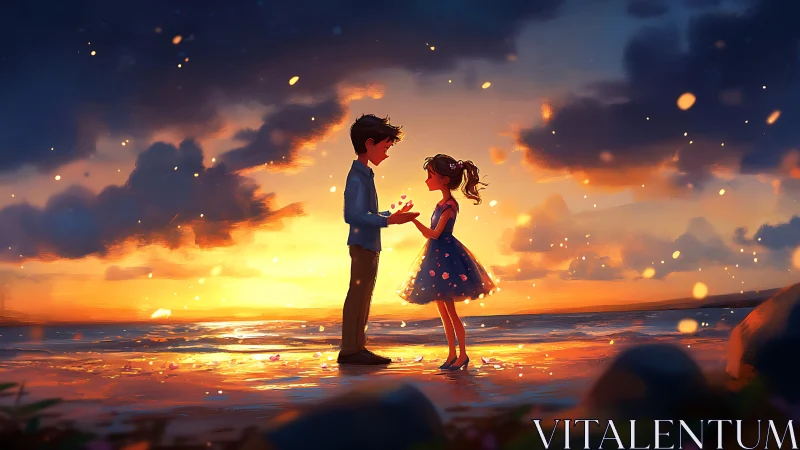 Sunset shore captures two young hearts sharing gentle wonder