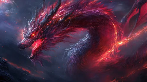Coiled red dragon rendered in high contrast digital fantasy scene