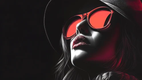 Stylized woman in red sunglasses and hat on dark background.