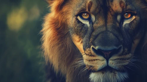 Male lion portrait isolates intense amber gaze in shallow focus