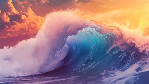 Large breaking ocean wave under vivid sunset sky.