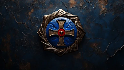Embossed bronze cross emblem rests on textured navy wall.