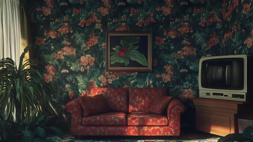 Retro living room scene with floral patterns and side-lit ambience