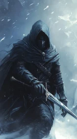 Hooded frostbound swordsman in dynamic glacial turbulence.