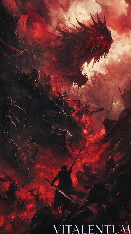 Human figure confronts large dragon-like entity in red field.