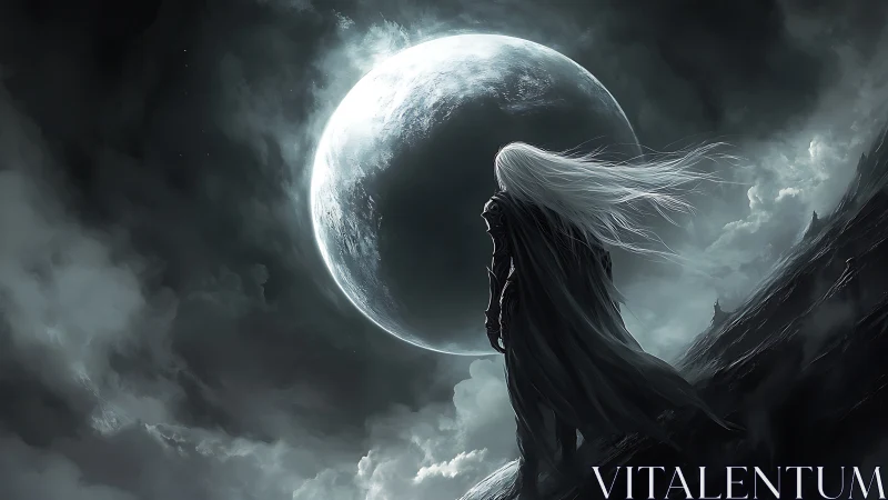 Lone silver haired warrior under colossal storm moon.