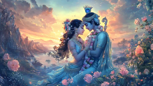 Hindu Deity Digital Rendering: Divine Couple with Ornamental Adornments in Celestial Landscape