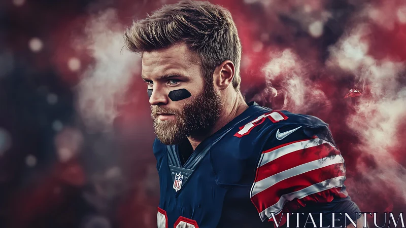 Brooding football player stands amid swirling red smoke.