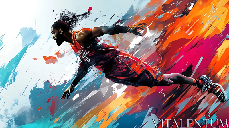 Dynamic basketball player dives through explosive color streaks