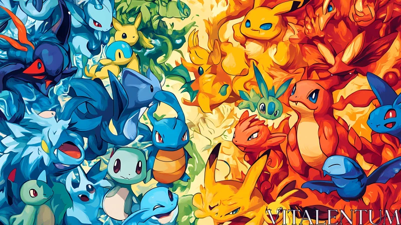 Elemental creature groups in symmetrical color composition.