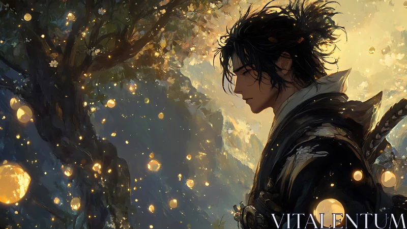 Solitary warrior beside luminous tree in twilight setting.