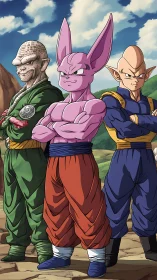 Three anime warriors stand united in a rugged landscape.