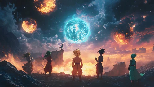 Starlit Saiyan standoff beneath colliding cosmic suns.