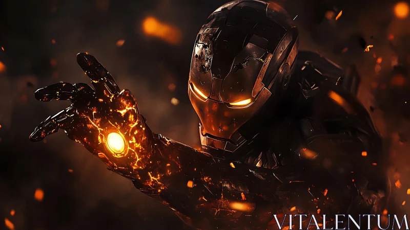 Molten armored hero emerging through sparks and shadowed fire.