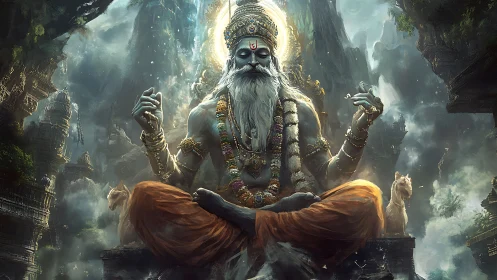 Mystic mountain sage in luminous meditative stillness.