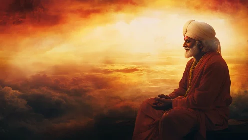 Elderly Hindu sage meditating at glowing cloudscape horizon