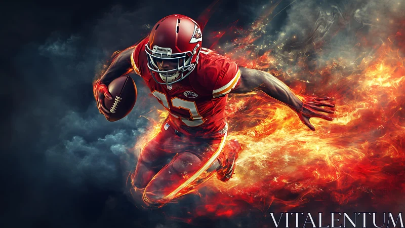 Fiery football runner exploding forward with unstoppable energy.