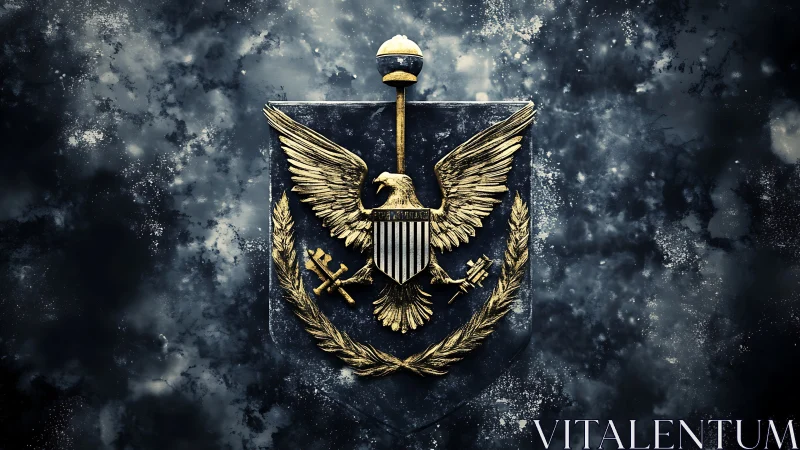 Golden eagle crest dominates dark marbled shield surface