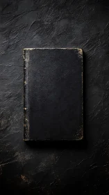 Worn black journal resting on a dark, story-filled table.