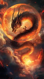 Volcanic sky serpent encircling mage within incandescent sphere.