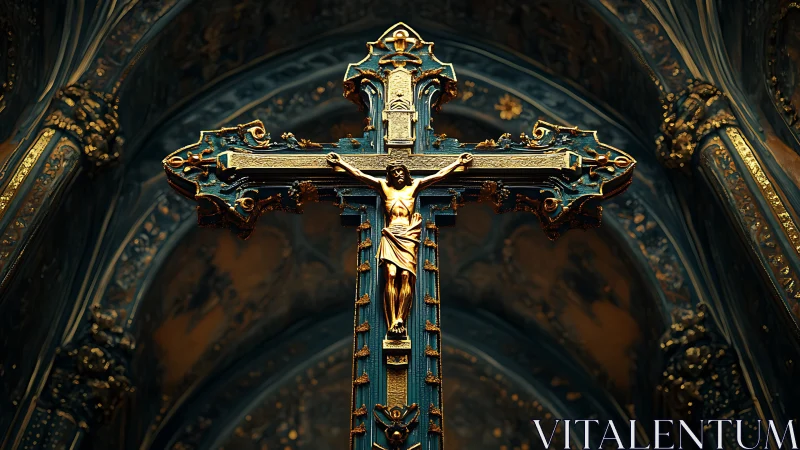Ornate gilded crucifix rendered with high-contrast cathedral lighting