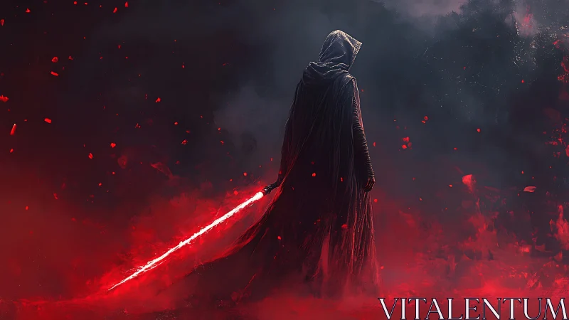 Hooded figure with red energy blade in dark misty field.