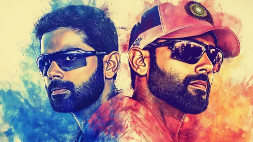 Dual portrait of bearded male figures in mirrored profile.