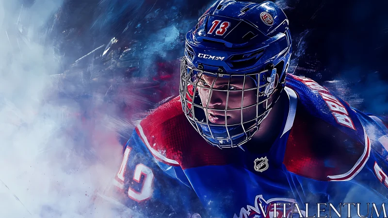 Hockey player charges through icy blue smoke in motion.