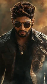 Brooding man in leather jacket emerges through smoky light.