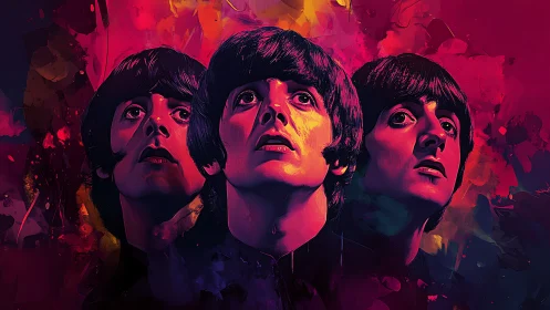 Colorful pop portrait of three musicians in vivid light.