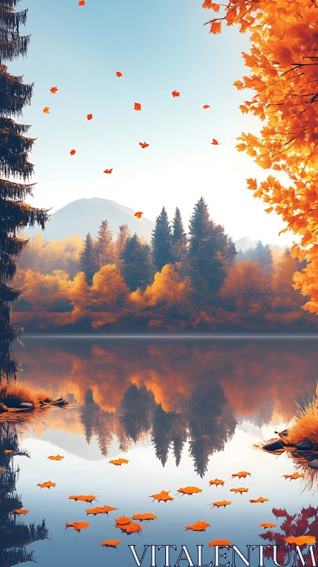 Autumn foliage and lake reflection under clear sky.