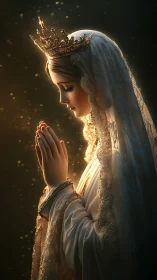 Crowned veiled saint in golden side light, hands in prayer.