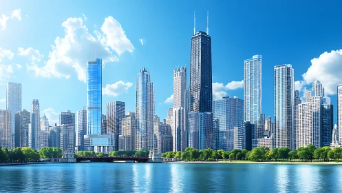 Modern urban waterfront skyline under clear blue sky.