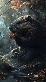 Photorealistic forest beaver with hyper-detailed wet fur rendering.