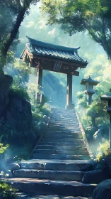 Stone stairway ascending to wooden gate in forest clearing.