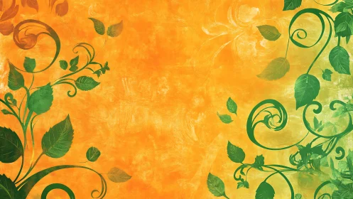 Floral vines swirl across a warm orange abstract backdrop.