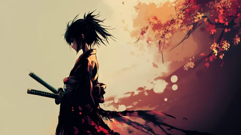 Solitary samurai contemplates beneath burning autumn boughs.