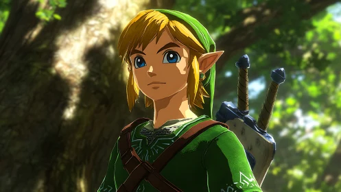 Heroic elf warrior poised beneath luminous forest canopy.