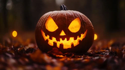 Grinning jack o lantern prowls through the autumn dusk glow