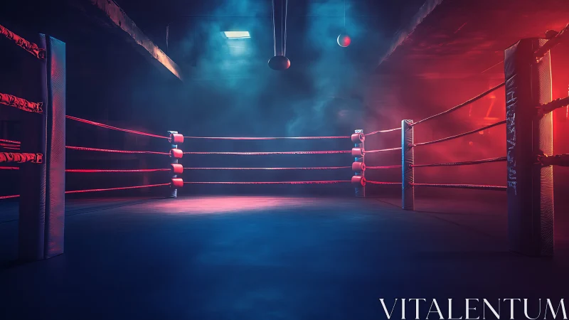 Empty Boxing Ring with Red Ropes and Overhead Lighting