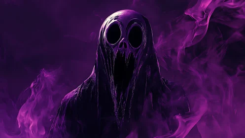 Hooded spectral figure in purple smoke with hollow face form.