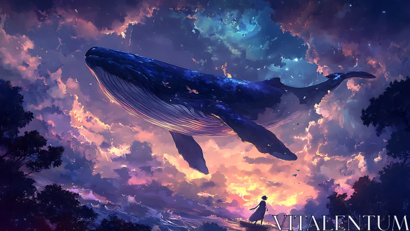 Giant celestial whale drifts above child at glowing sunset.