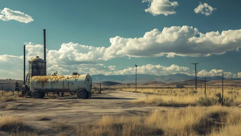 Quiet desert fuel stop beneath a wide, wandering sky.