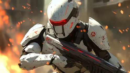 Armored sci fi soldier with rifle amid falling embers.