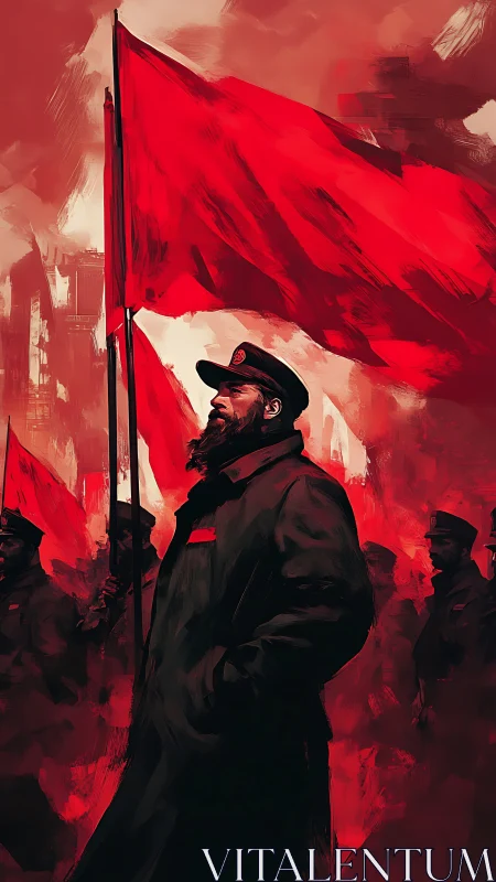 Revolutionary leader under sweeping crimson banners in march.