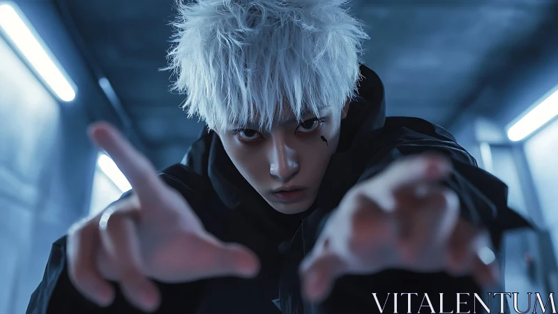 White-haired cyber rebel reaches toward viewer in neon gloom