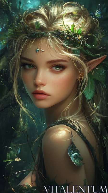 Elven forest maiden portrait with glowing green ambiance.