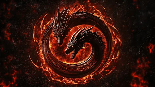 Dual-headed fire dragon emblem coils within incandescent circular vortex