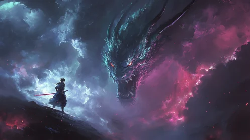 Lone swordsman confronts colossal storm dragon in blazing sky.